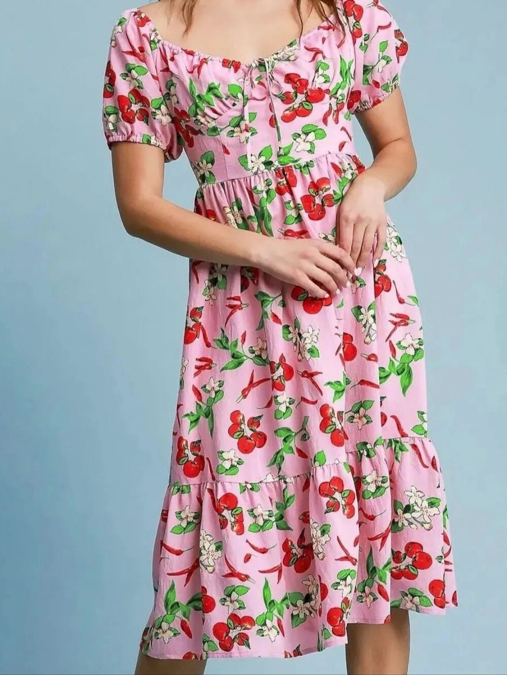 Umgee Retro Pink Cherry Print Midi Dress | Size Medium - NWT